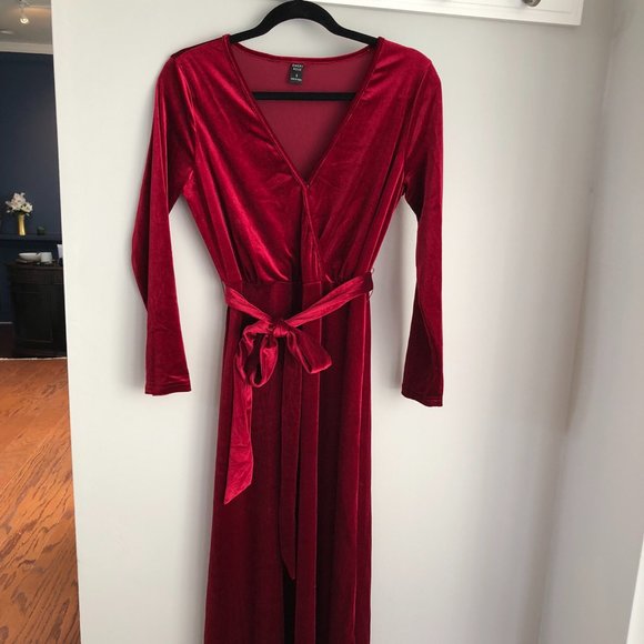 Long Sleeve Wrap V-neck Belted Velvet Burgundy Maxi Dress - Picture 5 of 9
